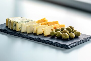 Assortment of cheeses, including blue, cheddar, and other varieties, served with green olives on a slate board.
