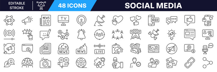 Social media and communication icon set. Editable stroke. Linear style.