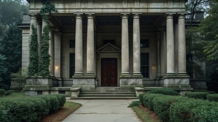 A grand classical building with stone columns and ivy-covered facade stands prominently, featuring a symmetrical entrance path and door.  
