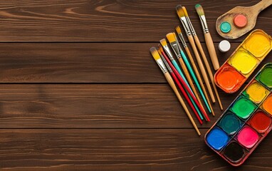Obraz premium Colorful Watercolor Paints and Brushes on Wooden Background
