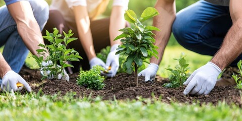 A vibrant community garden scene showcasing people of different backgrounds planting together, highlighting teamwork and inclusion, soft natural light, neutral backdrop
