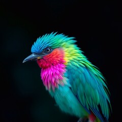 Long exposure photo of tropical fairy bird with cool colors blue, green and purple capturing movement or light trails