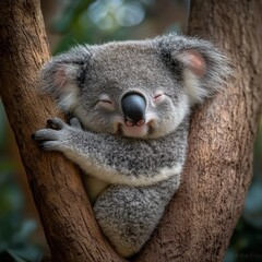 Fototapeta premium A Precious Moment: A Sleepy Koala Embraces a Tree Trunk in a Serene Natural Habitat, Capturing its Fuzzy Texture and Peaceful Demeanor.
