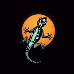 High-quality image of a bio-mechanical gecko tattoo in a modern flat design, silhouetted with backlighting. Simple, two-dimensional shapes, smooth gradient transitions