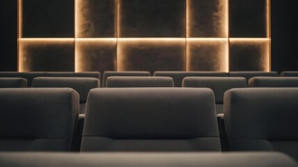 Fototapeta premium Empty theater seating rows in a dimly lit cinema interior with comfortable chairs