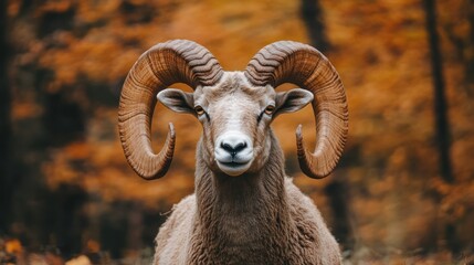 Majestic Ram in Autumnal Forest: A Portrait of Wild Beauty