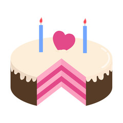 Birthday cake with heart and candles.Strawberry layer cake coat with chocolate and vanilla cream.Cute valentine, birthday, wedding, anniversary cake.Vector graphic illustration.