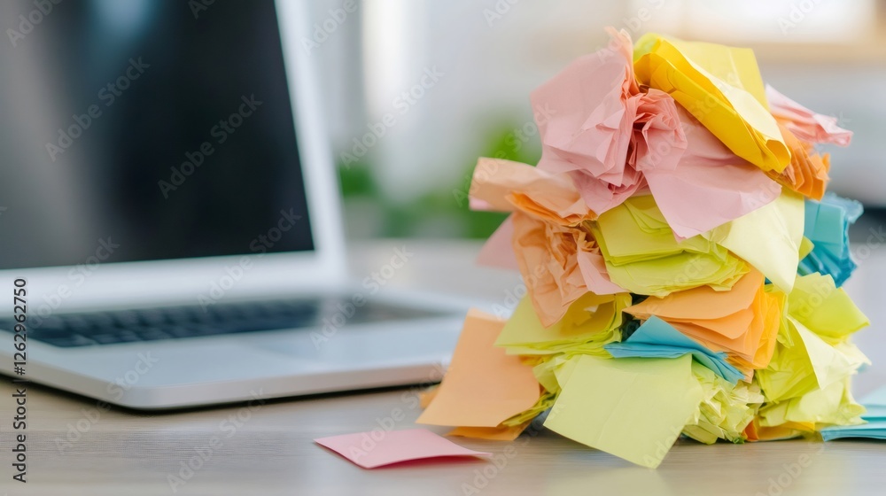 Aufkleber chaotic pile of colorful sticky notes sits next to a laptop, symbolizing multitasking and stress in 