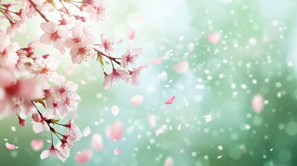 Fototapeta premium Beautiful Cherry Blossom Branch with Petals Falling on Green Background