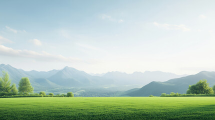Green meadow stretches toward distant mountains under a soft, clear sky, creating peaceful landscape