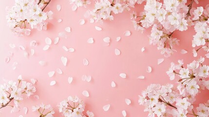 Fototapeta premium Delicate Cherry Blossom Petals on Soft Pink Background