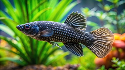 Black molly fish, underwater, captured from above by drone.