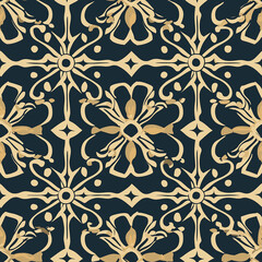 Intricate floral pattern in cream on a dark blue background, suitable for textiles or wallpapers.