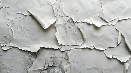 Close-up of textured, torn white paper layered over a gray background, creating an artistic composition