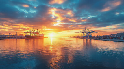 Fototapeta premium Container truck in ship port for business Logistics and transportation of Container Cargo ship and Cargo plane with working crane bridge in shipyard at sunrise, logistic import export and transport