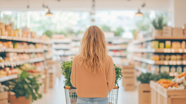 Woman with long blonde hair in sweater pushes shopping cart filled with fresh greens through bright organic grocery store, symbolizing healthy lifestyle and mindful consumption