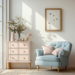 Minimalist Scandinavian Living Room with Cozy Blue Armchair and Pink Dresser in Natural Light