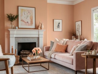 Fototapeta premium Peach walls living room features pink sofa and fireplace