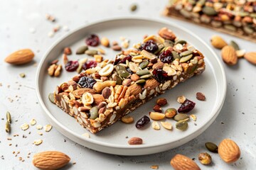 Granola bars on gray plate with nut and seed toppings. Neural network AI generated