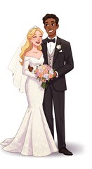 Elegant Cartoon Wedding Couple with a Joyful Expression