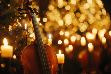 burning candles on the classical concert. musician playing violin. classical concert orchestra with candles