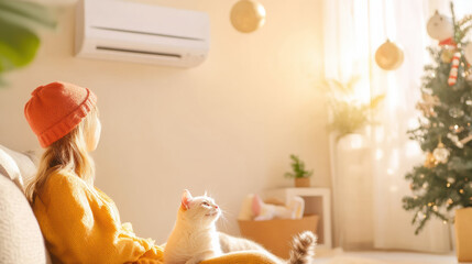 woman in cozy sweater and hat sits with her cat in warmly lit living room decorated for Christmas, with reverse cycle air conditioner on wall