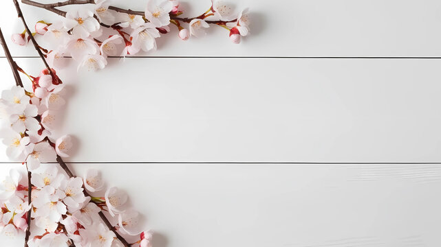 Soft pink petals contrast elegantly against the textured white wood, creating a timeless spring-inspired scene. The open layout allows the delicate beauty of cherry blossoms to take center stage
