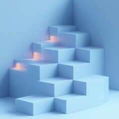 Minimalist 3D Geometric Blocks Presentation with Soft Blue Pastel Background and Ambient Lighting