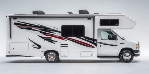 Elegantly designed white motorhome with striking black and red horizontal stripes gracing its left side, capturing attention from every angle