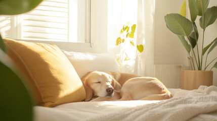 Obraz premium golden retriever puppy peacefully sleeping on cozy bed with sunlight streaming through window, surrounded by green indoor plants