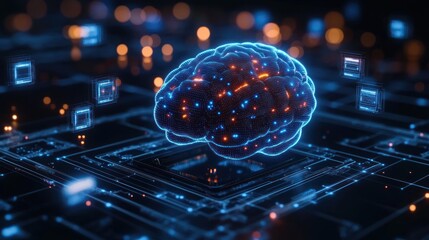 Futuristic digital brain design neon lights artificial intelligence neural network technology deep learning data analysis