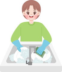 cute kid character washing dishes