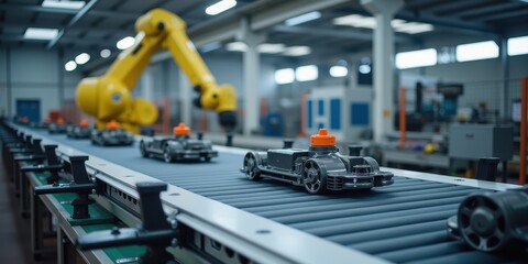 Fototapeta premium Robotic Arm in Automated Factory Assembly Line with Model Cars