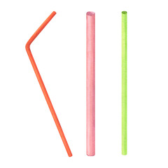 Set of watercolor illustrations with cocktail straws. Isolated illustrations on white background. Elements for design.
