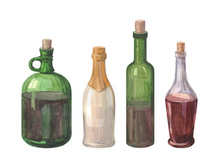 Set of watercolor illustrations with alcoholic drinks. Glass bottles of different shapes. Isolated illustrations on white background. Elements for bar and restaurant menu.