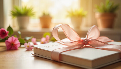 Gift notebook with pink ribbon on wooden table in bright room