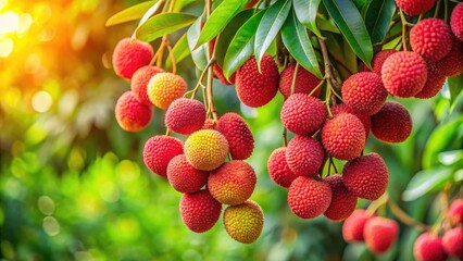 Juicy, sweet lychees ripen on a branch, a summertime bounty in a vibrant Asian fruit plantation.