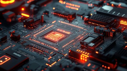 Fototapeta premium High-Tech Circuit Board with Glowing Orange Elements and Details