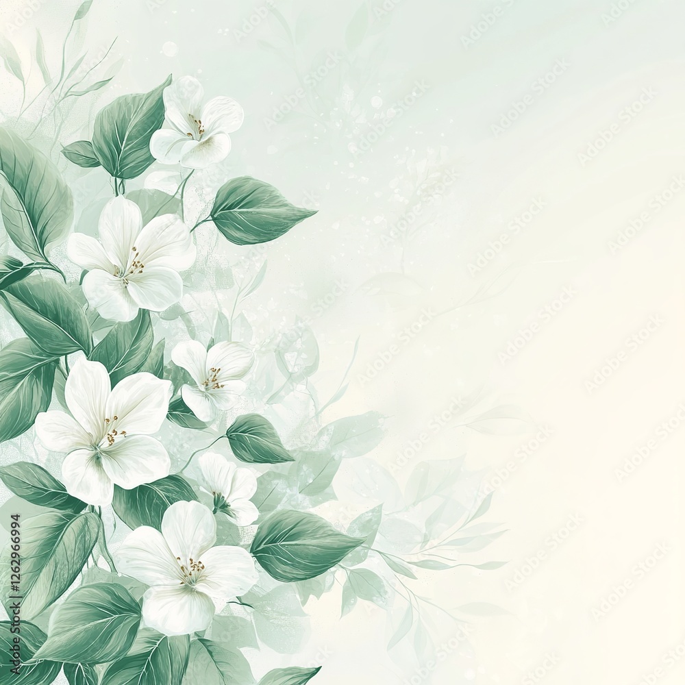 Poster a delicate vector background featuring lush plants and blooming flowers, creating a fresh and natura