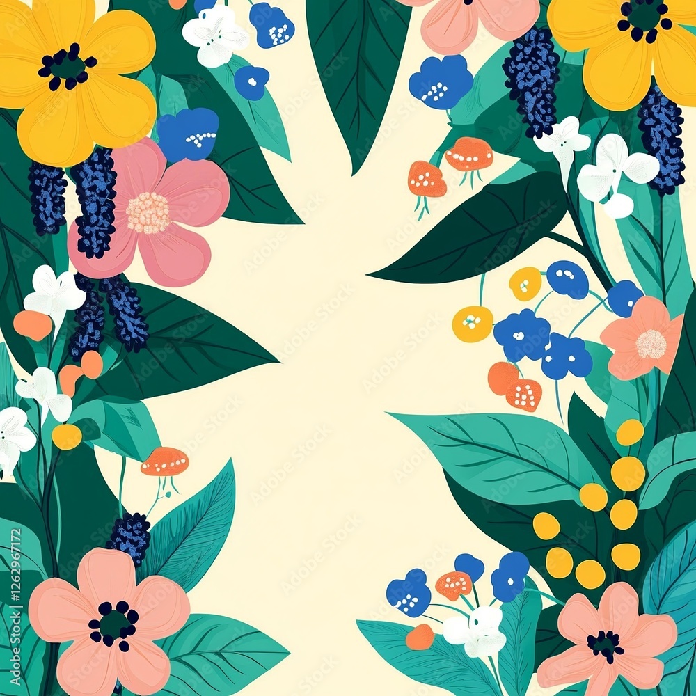 Poster a delicate vector background featuring lush plants and blooming flowers, creating a fresh and natura
