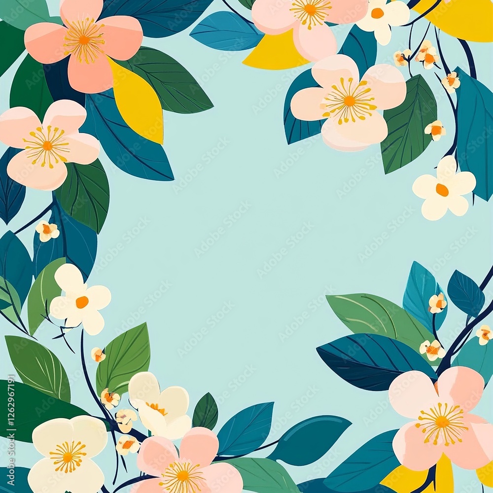 Poster a delicate vector background featuring lush plants and blooming flowers, creating a fresh and natura