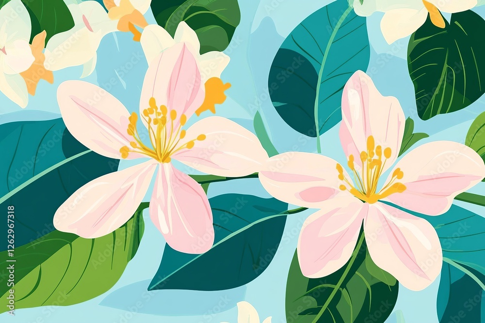 Poster a delicate vector background featuring lush plants and blooming flowers, creating a fresh and natura