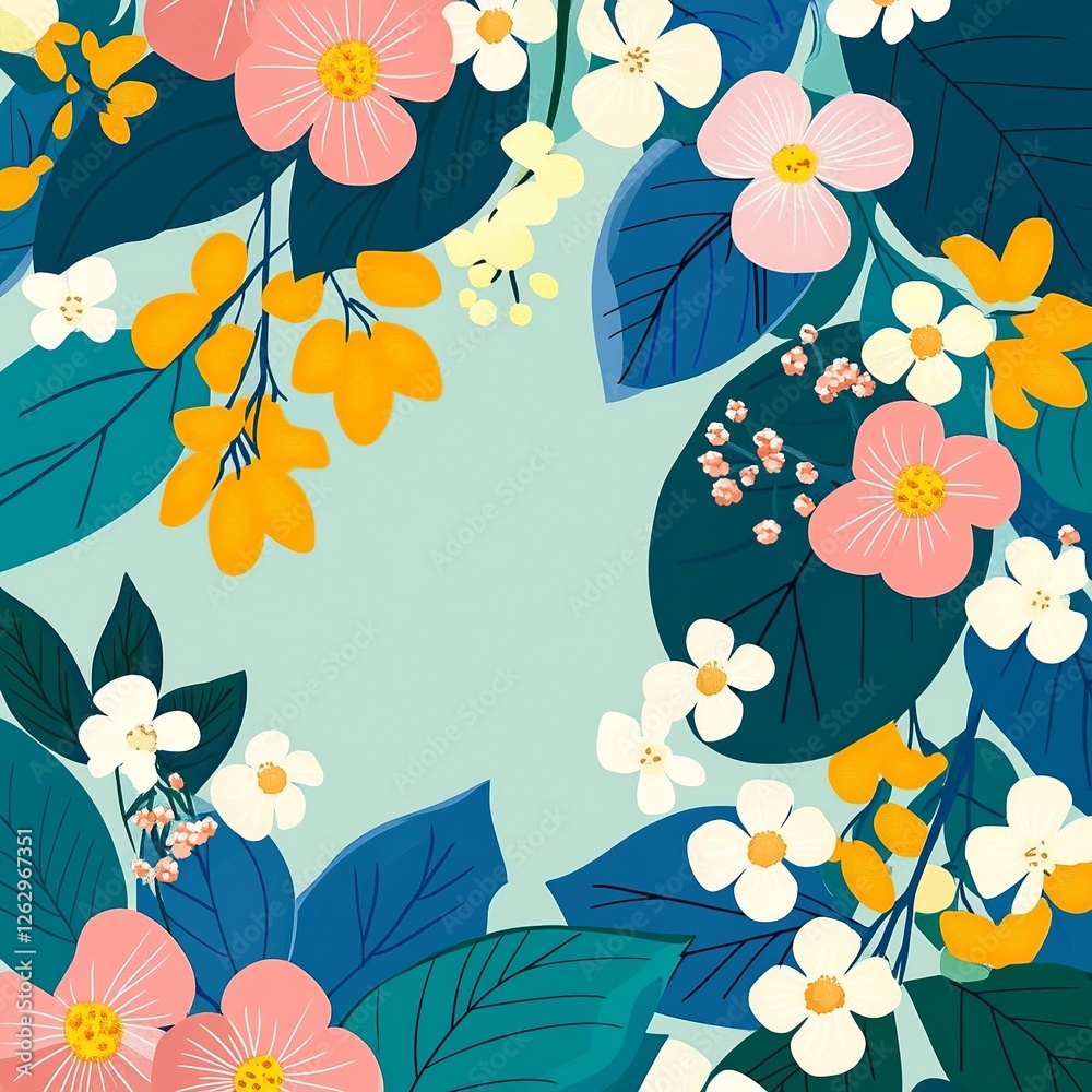 Poster a delicate vector background featuring lush plants and blooming flowers, creating a fresh and natura
