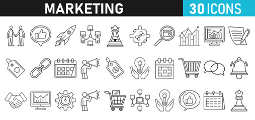 Digital Marketing set of web liner icons. Marketing icons for web and mobile app. e-commerce, SEO, business, Sales, analytics, ads, communication, content, connect, branding Vector illustration bundle