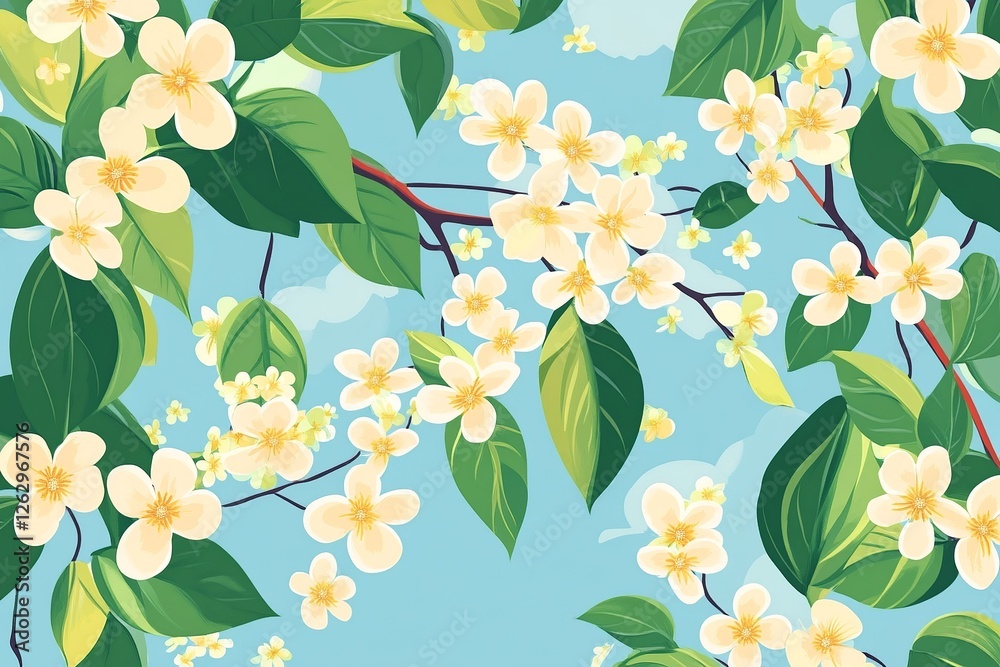 Poster a delicate vector background featuring lush plants and blooming flowers, creating a fresh and natura