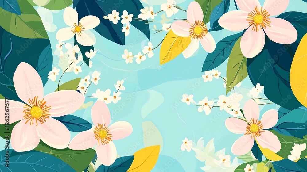 Poster a delicate vector background featuring lush plants and blooming flowers, creating a fresh and natura