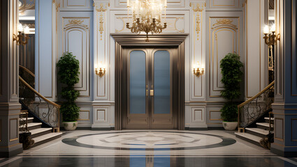 Obraz premium a panoramic elevator entrance in a classic villa, The villa has ornate wall moldings, the elevator front blend seamlessly with the space. elevator has a concealed motor above the door. metal and glass