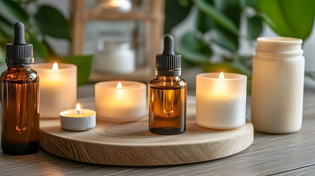 Aromatherapy session with essential oils and candles, relaxing and