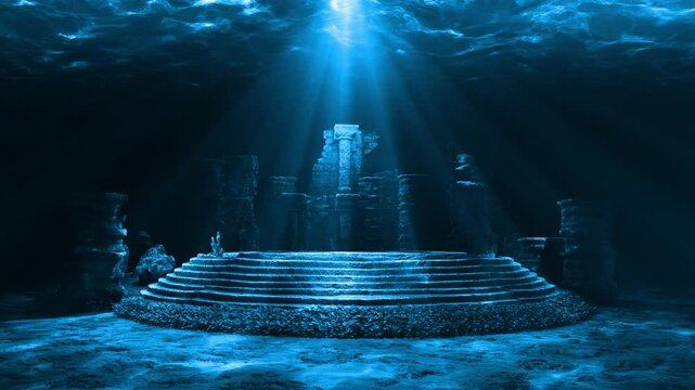 Mysterious ruins of a lost civilization under water illuminated by sun rays through the rippling surface on a seamless loop.

