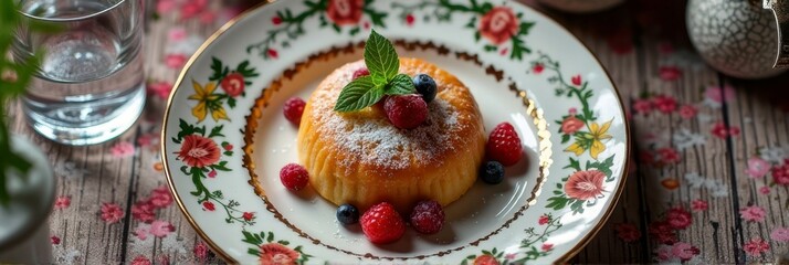 Delicious sponge cake with berries and mint on floral plate